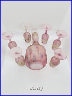 Reuven Hebron Art Nouveau Decanter Glass Set Frosted Pink Set of 7 Hand Pinted