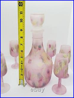 Reuven Hebron Art Nouveau Decanter Glass Set Frosted Pink Set of 7 Hand Pinted