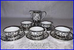 Richard Ginori Art Nouveau Silver Overlay Demitasse Cup & Saucer Sets (5) c. 1930