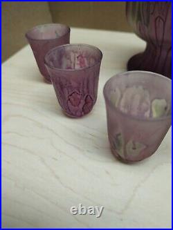 Rueven Art Nouveau Hand Painted Satin Pastel Art Glass Cordial Set