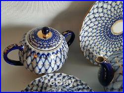 Russian Imperial Lomonosov Cobalt Tea 16 Piece Set for 4 With Red U. S. S. R Stamp