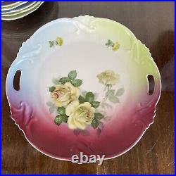 SCHUMANN BAVARIA Cake Plate 7pc Set Antique German Porcelain Floral Art Nouveau