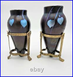 SET/2 Kralik Art Nouveau Banded Iridescent Blown Glass Vases withStands 1900-1910s
