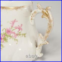 SET OF (7) ANTIQUE ART NOUVEAU CHOCOLATE CUPS WithSAUCERS & CREAMER, PINK FLORALS