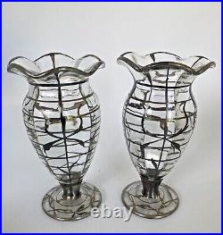 SET of (2) Art Nouveau Sterling Silver Overlay Fluted Lip Footed Glass Vases