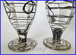 SET of (2) Art Nouveau Sterling Silver Overlay Fluted Lip Footed Glass Vases