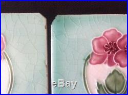 SET of 7 antique T R Boote Arts & Crafts majolica tiles blue/green backgr. +pinks