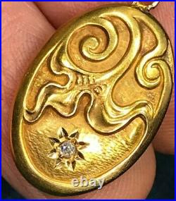 SG MERMAID 14k Yellow Gold Art Nouveau Carved Pendant w GYPSY-Set Diamond-K7L4J
