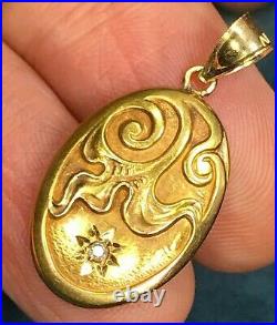 SG MERMAID 14k Yellow Gold Art Nouveau Carved Pendant w GYPSY-Set Diamond-K7L4J