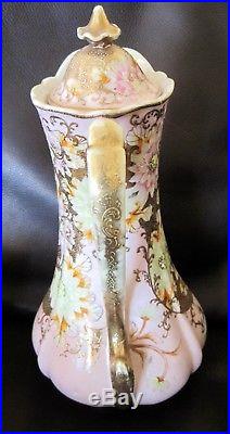 STUNNING 1900's HOT CHOCOLATE POT CUPS SET PORCELAIN HAND PAINTED PINK GOLD