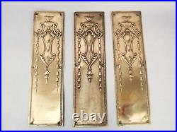 SUPERB SET of 3 ANTIQUE ART NOUVEAU BRASS DOOR FINGER PLATES 1911 vintage