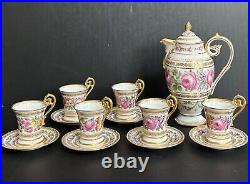 Set 14 Pics Antique Dresden Germany Hand-Painted Floral Chocolate Set