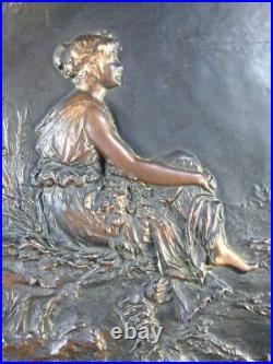 Set 2 Antique Art Nouveau Copper Bronze Woman Lady Girl Framed Art Wall Plaques