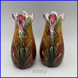 Set 2 Art Nouveau French Majolica Barbotine Vases Posey Flowers 5.5x3.75