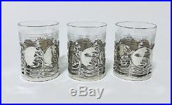 Set 3 Antique Solid Sterling Silver Mounted Glass Coffee Cups 1916 Art Nouveau