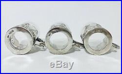 Set 3 Antique Solid Sterling Silver Mounted Glass Coffee Cups 1916 Art Nouveau