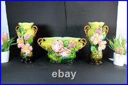 Set 3 Antique barbotine majolica vases art nouveau floral