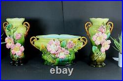 Set 3 Antique barbotine majolica vases art nouveau floral