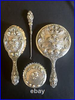 Set 4 Antique Unger Brothers Kerr Loves Dream Art Nouveau Sterling Silver Vanity