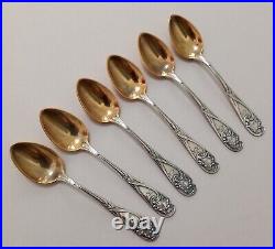Set 6 Art Nouveau WMF Ivy Efeu 29 Coffee Spoons Silver Plated Gilt 1905 Antique