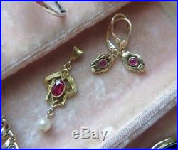 Set- Art Deco Earrings, Art Nouveau Pendant, Ruby Gold