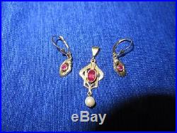 Set- Art Deco Earrings, Art Nouveau Pendant, Ruby Gold
