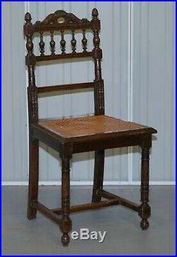 Set Of 10 Original Victorian Carved Oak Dining Chairs With Berger Rattan Seats
