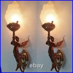 Set Of 2 Vintage Art Deco Nouveau Brass Mermaid Wall Sconces Fixture Light Lamp