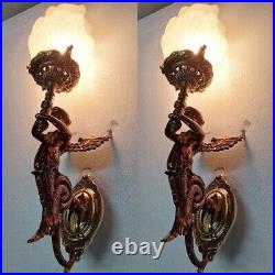 Set Of 2 Vintage Art Deco Nouveau Brass Mermaid Wall Sconces Fixture Light Lamp