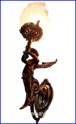 Set Of 2 Vintage Art Deco Nouveau Brass Mermaid Wall Sconces Fixture Light Lamp