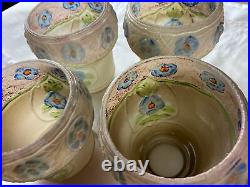Set Of 4 Antique Reverse Painted Glass Fitter Lampshades Embossed Blue Flowers