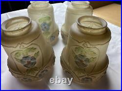 Set Of 4 Antique Reverse Painted Glass Fitter Lampshades Embossed Blue Flowers