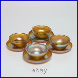 Set Of (4) Louis Comfort Tiffany Favrile Glass Finger Bowls & Plates, Signed (b)