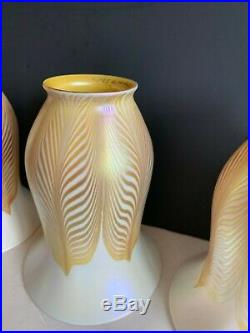 Set Of 4 Signed Quezal Gold Aurene Art Glass Shades Pulled Feather Design