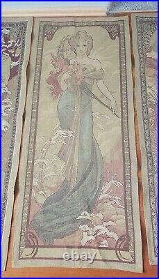 Set Of 4 Wall Tapestries Art Nouveau Ladies Signed Mucha 63 x 26