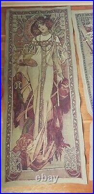Set Of 4 Wall Tapestries Art Nouveau Ladies Signed Mucha 63 x 26