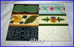 Set Of 6 Antique Art Nouveau Raised Relief Stylized Ceramic Tiles Rare
