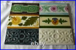 Set Of 6 Antique Art Nouveau Raised Relief Stylized Ceramic Tiles Rare