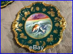 Set Of 9 Antique Limoges Green Gold Encrusted Fish Plates Signed A. Bronssillon