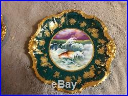 Set Of 9 Antique Limoges Green Gold Encrusted Fish Plates Signed A. Bronssillon