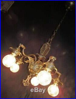 Set Of Antique Art Nouveau Chandelier &2 Sconces Light Fixture Bronze Cast Iron