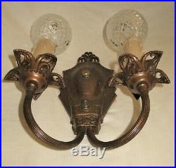 Set Of Antique Art Nouveau Chandelier 2 Sconces Light Fixture Bronze Cast Iron