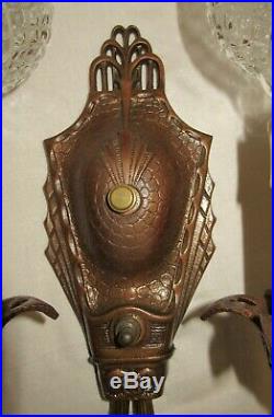 Set Of Antique Art Nouveau Chandelier 2 Sconces Light Fixture Bronze Cast Iron