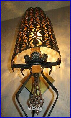 Set Of Antique Art Nouveau Mica Chandelier & 2 Sconces Light Fixture Cast Metal