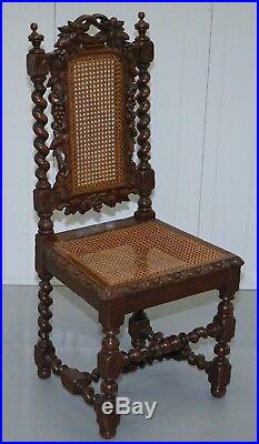 Set Of Four Jacobean Victorian Edwardian Hand Carved Oak Dining Chairs Rattan