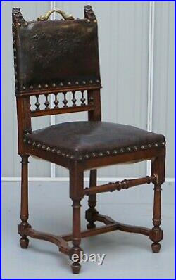 Set Of Six Henry II Circa 1880 French Oak & Embossed Leather Lion Dining Chairs