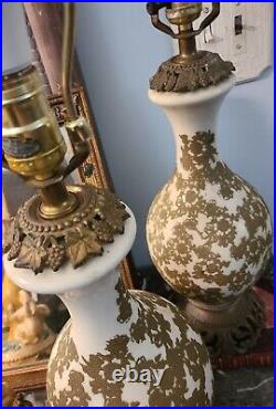 Set Of Two Antique Art Nouveau Hollywood Regency Lamps Gold White