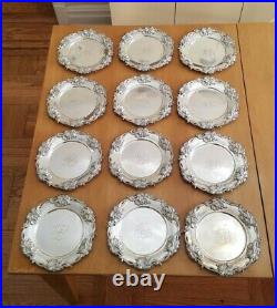 Set of 12 Woodside Sterling Silver Plates Repousse Jonquils Art Nouveau Antique