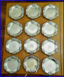 Set of 12 Woodside Sterling Silver Plates Repousse Jonquils Art Nouveau Antique