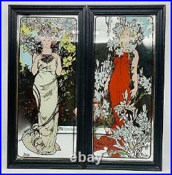 Set of 2 Alphonse Mucha Picture Mirrors Signed Framed 1970s Art Nouveau